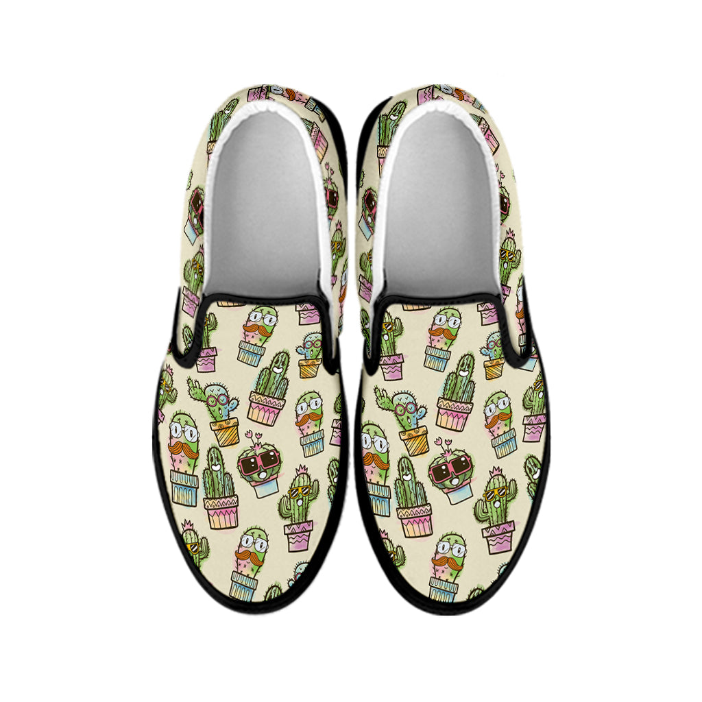 Cute Cartoon Cactus Pattern Print Black Slip On Shoes