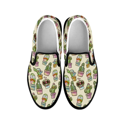 Cute Cartoon Cactus Pattern Print Black Slip On Shoes