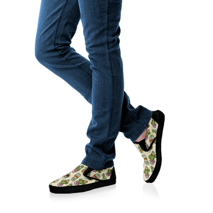 Cute Cartoon Cactus Pattern Print Black Slip On Shoes
