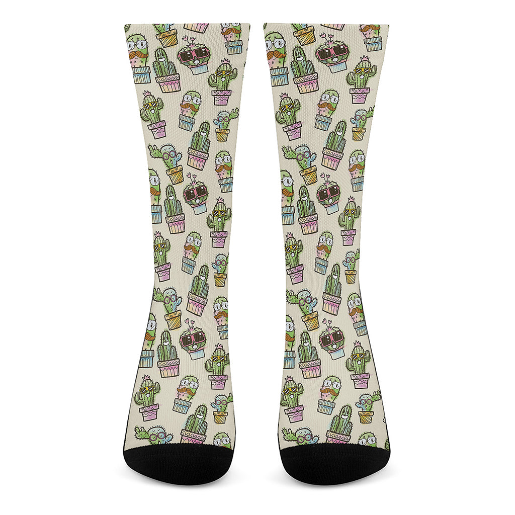 Cute Cartoon Cactus Pattern Print Crew Socks