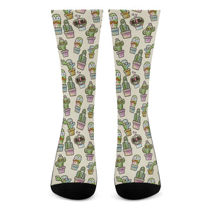 Cute Cartoon Cactus Pattern Print Crew Socks