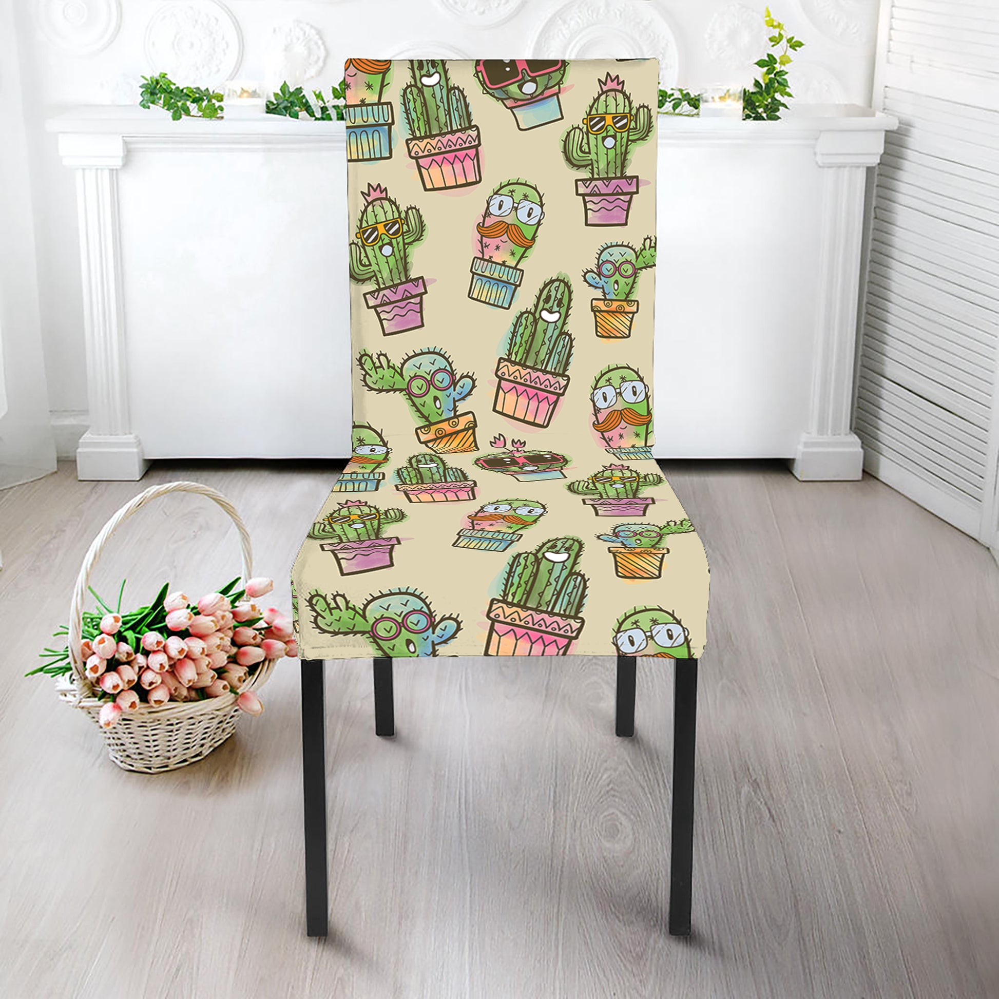 Cute Cartoon Cactus Pattern Print Dining Chair Slipcover