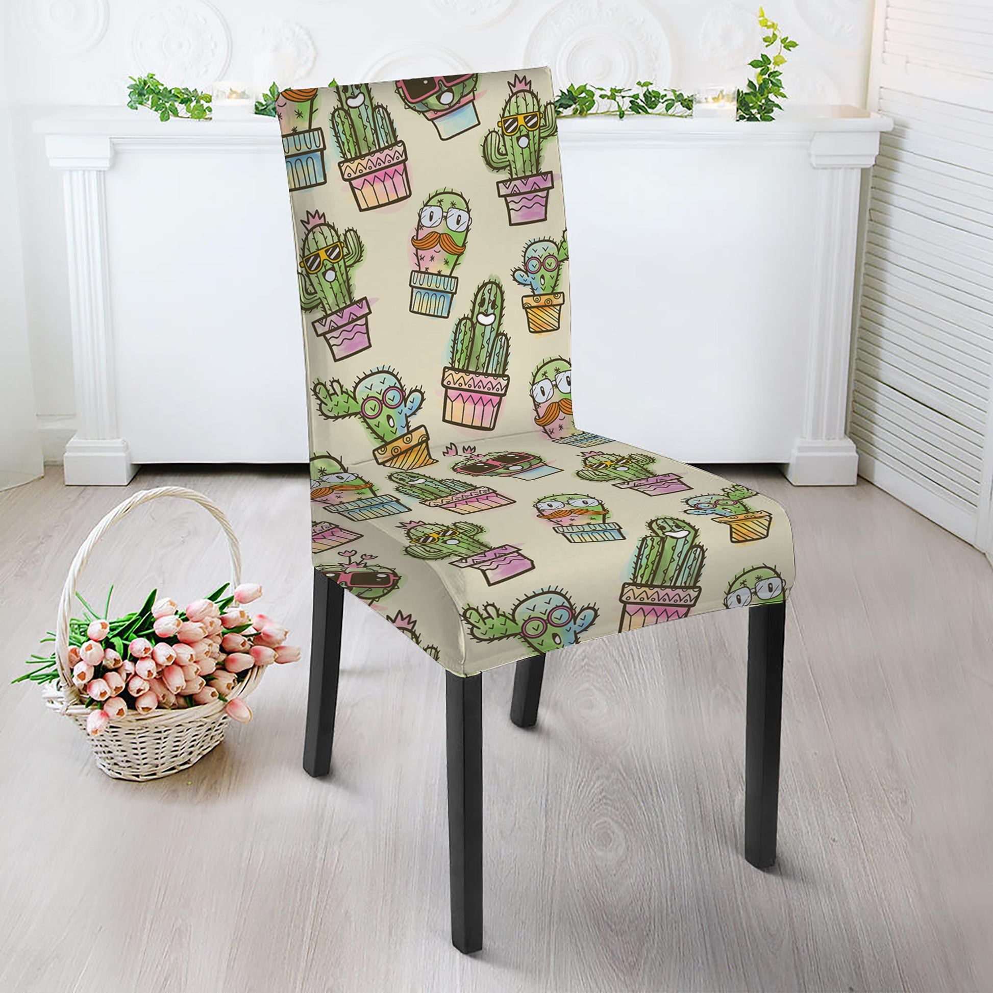 Cute Cartoon Cactus Pattern Print Dining Chair Slipcover