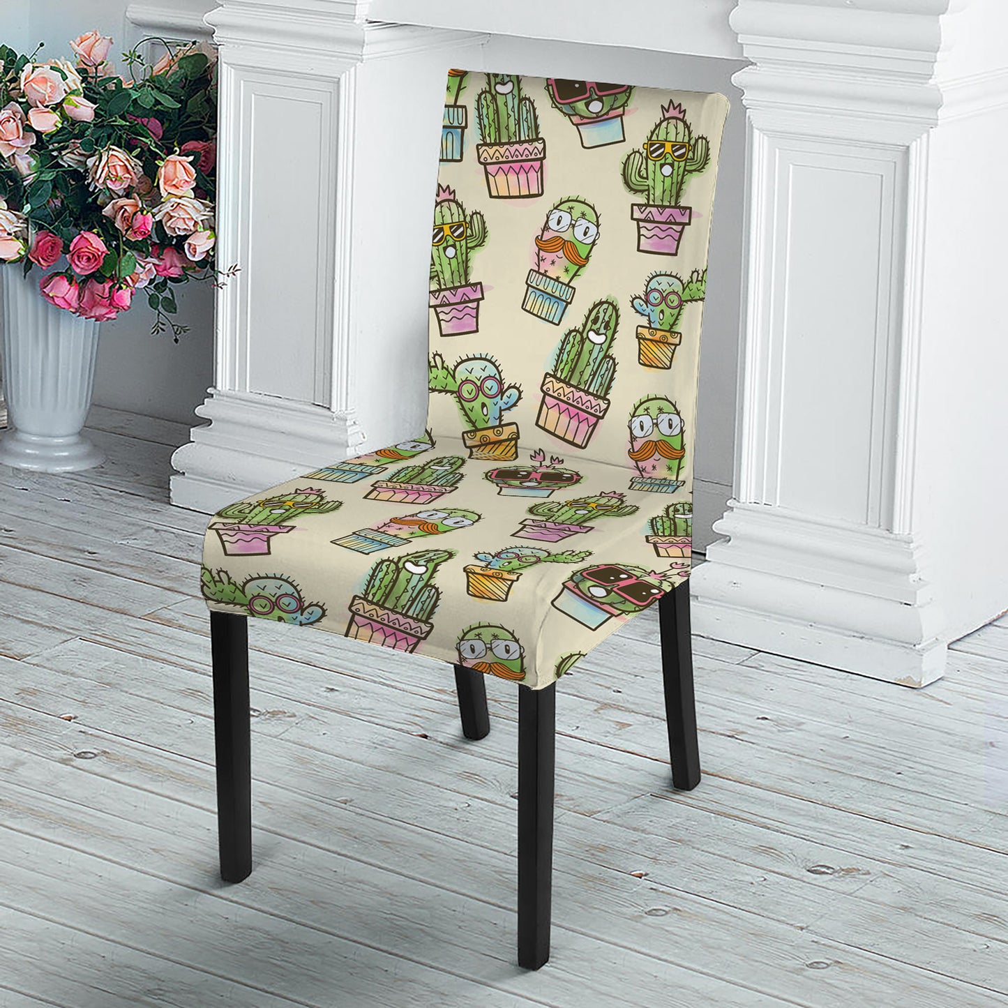 Cute Cartoon Cactus Pattern Print Dining Chair Slipcover