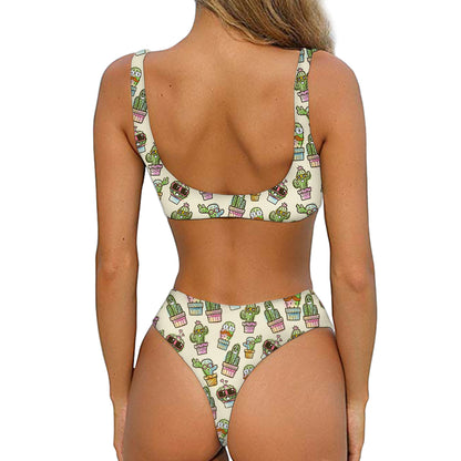 Cute Cartoon Cactus Pattern Print Front Bow Tie Bikini