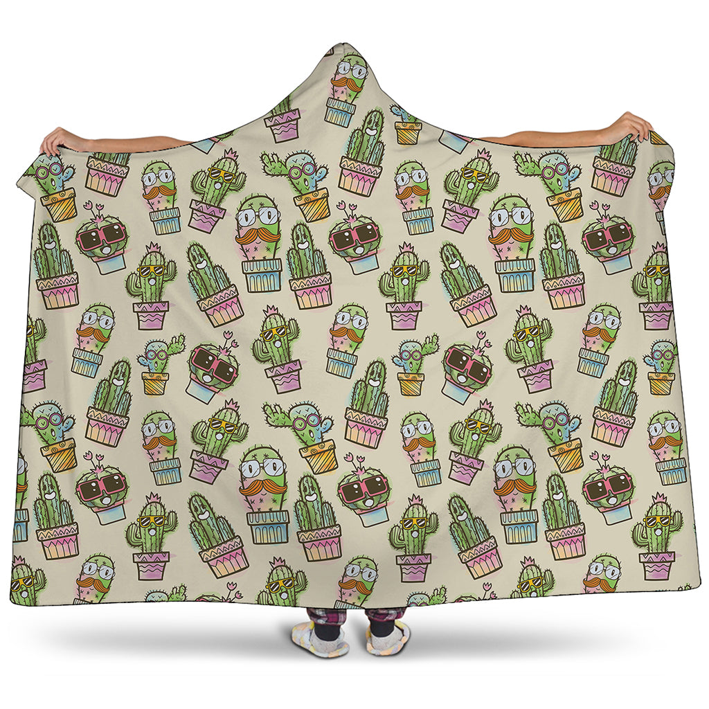 Cute Cartoon Cactus Pattern Print Hooded Blanket