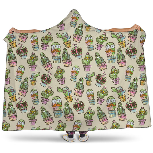 Cute Cartoon Cactus Pattern Print Hooded Blanket