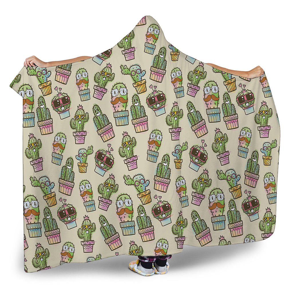 Cute Cartoon Cactus Pattern Print Hooded Blanket