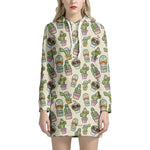 Cute Cartoon Cactus Pattern Print Hoodie Dress