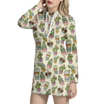 Cute Cartoon Cactus Pattern Print Hoodie Dress