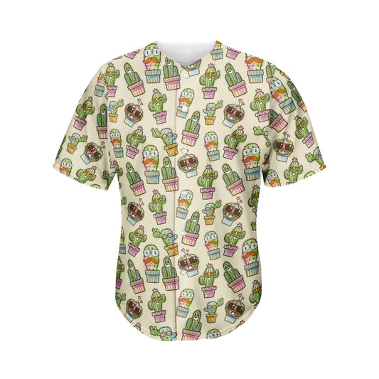 Cute Cartoon Cactus Pattern Print Men's Baseball Jersey