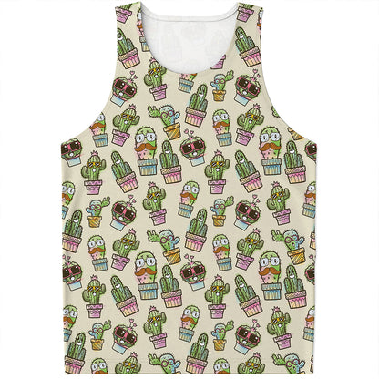 Cute Cartoon Cactus Pattern Print Men's Tank Top