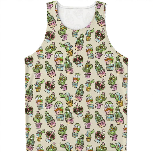 Cute Cartoon Cactus Pattern Print Men's Tank Top