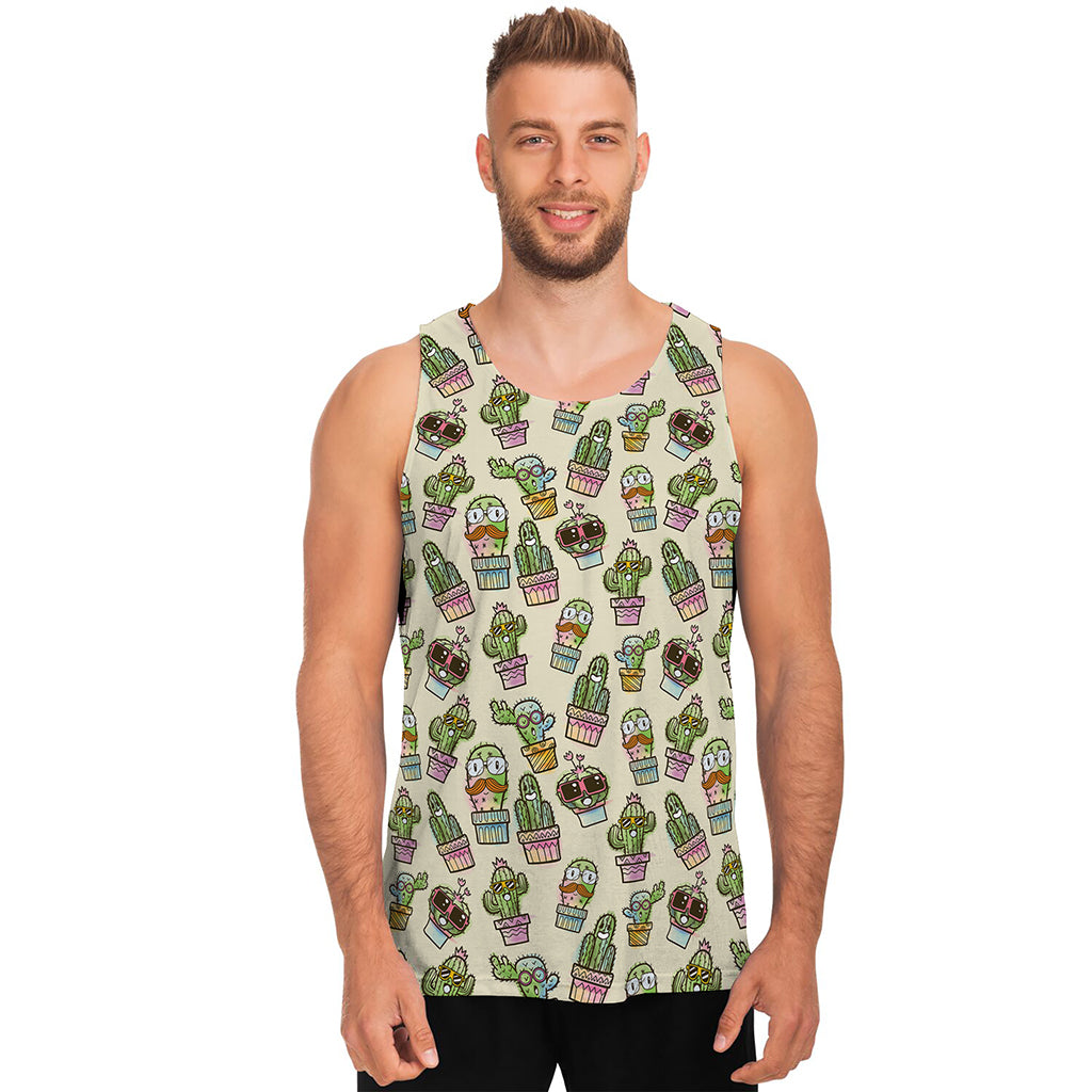 Cute Cartoon Cactus Pattern Print Men's Tank Top