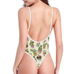 Cute Cartoon Cactus Pattern Print One Piece High Cut Swimsuit
