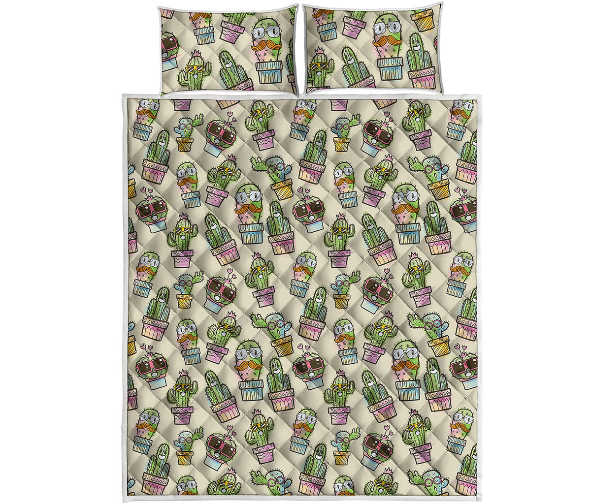 Cute Cartoon Cactus Pattern Print Quilt Bed Set