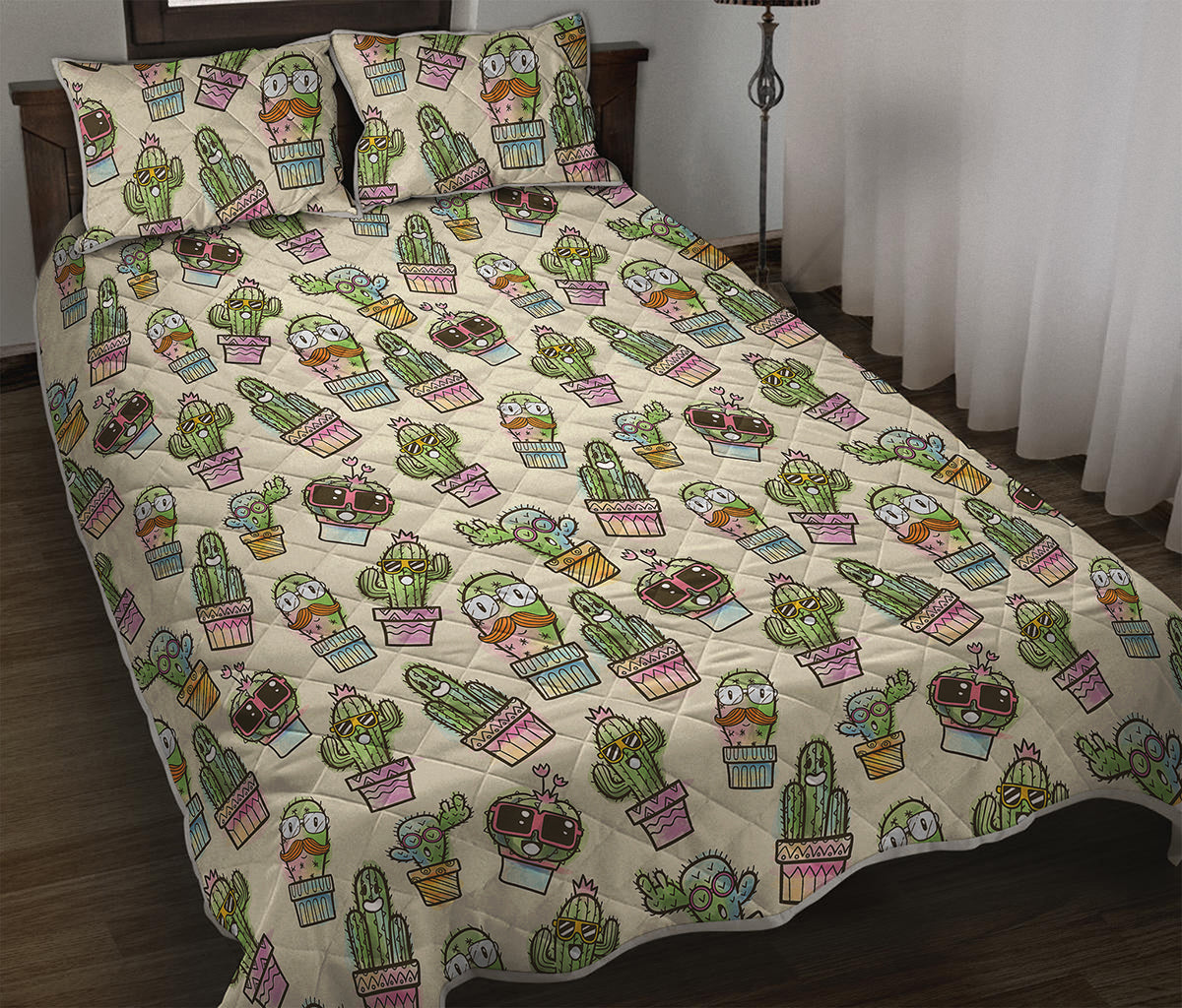 Cute Cartoon Cactus Pattern Print Quilt Bed Set