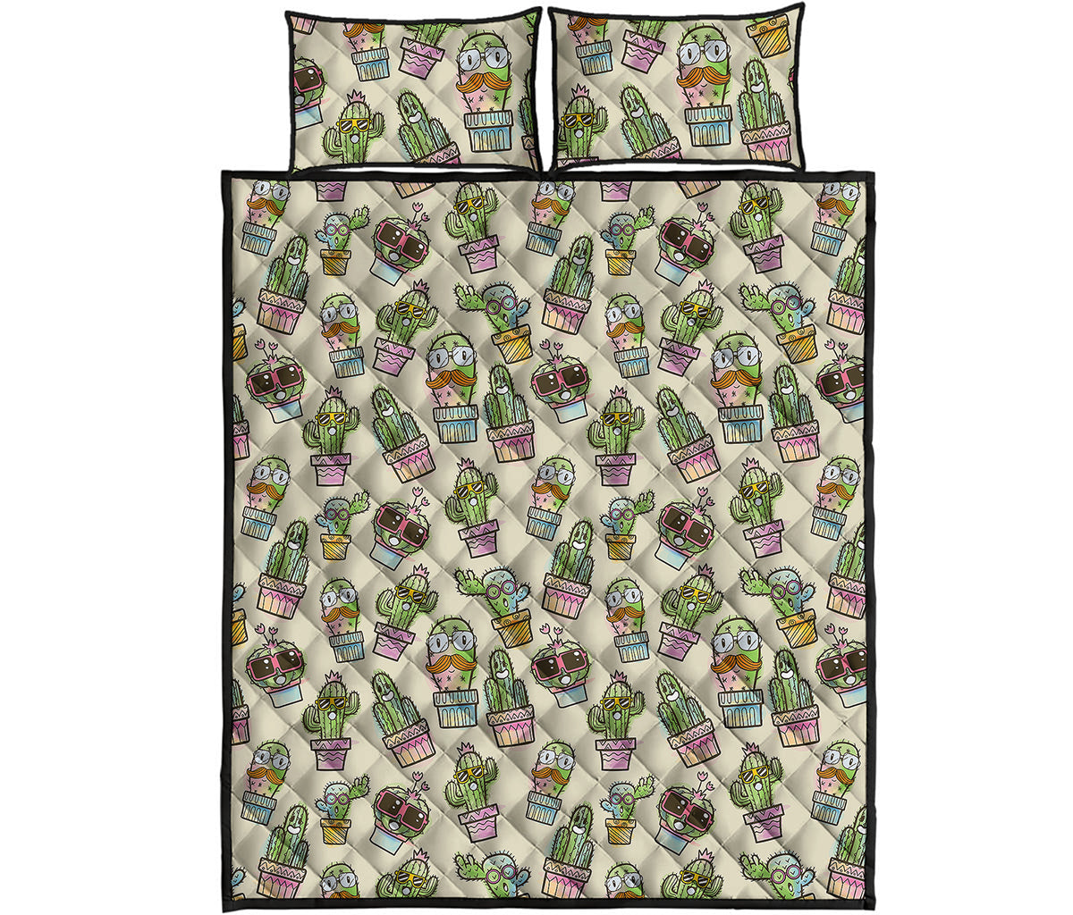 Cute Cartoon Cactus Pattern Print Quilt Bed Set