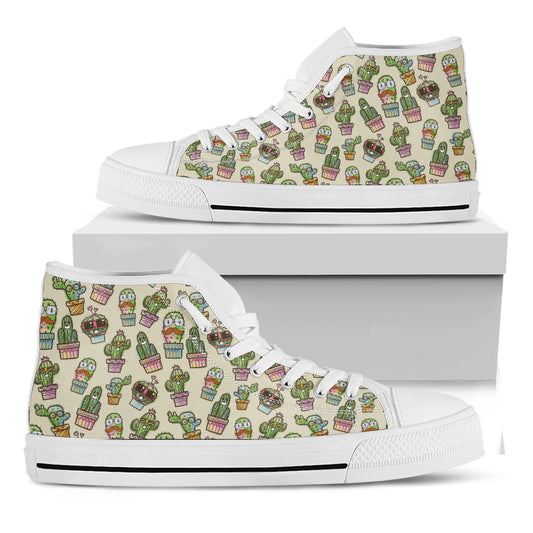 Cute Cartoon Cactus Pattern Print White High Top Shoes