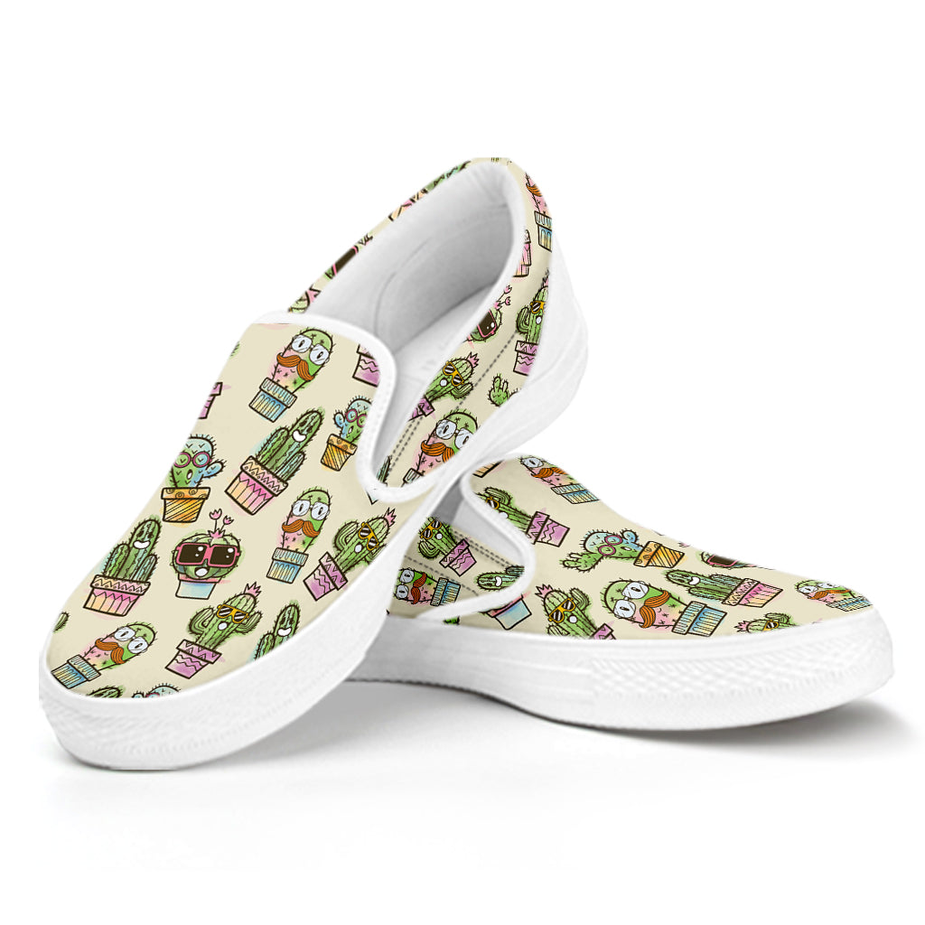 Cute Cartoon Cactus Pattern Print White Slip On Shoes