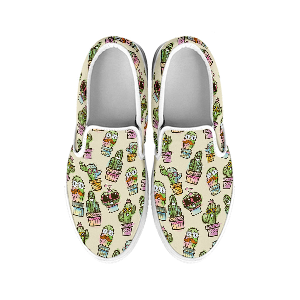 Cute Cartoon Cactus Pattern Print White Slip On Shoes