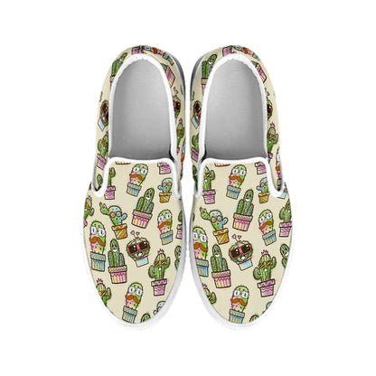 Cute Cartoon Cactus Pattern Print White Slip On Shoes