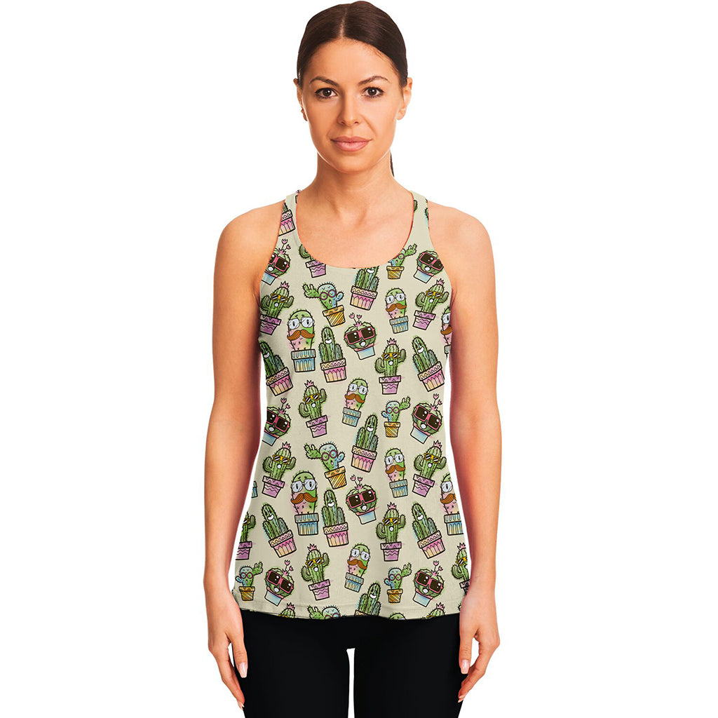 Cute Cartoon Cactus Pattern Print Women's Racerback Tank Top