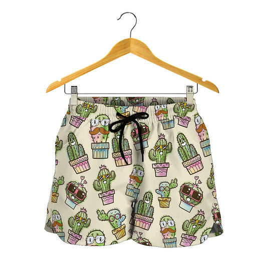 Cute Cartoon Cactus Pattern Print Women's Shorts