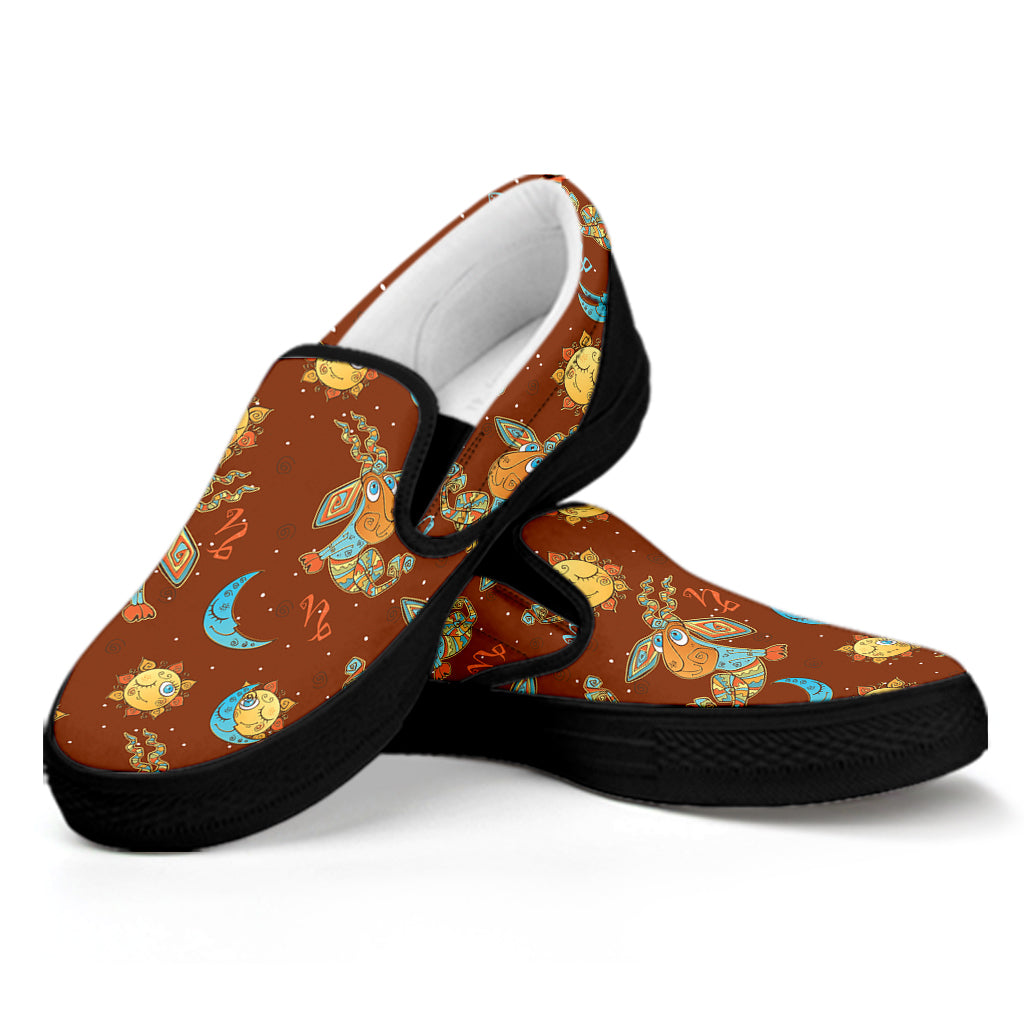 Cute Cartoon Capricorn Pattern Print Black Slip On Shoes