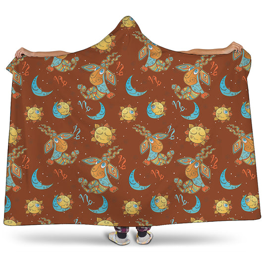 Cute Cartoon Capricorn Pattern Print Hooded Blanket