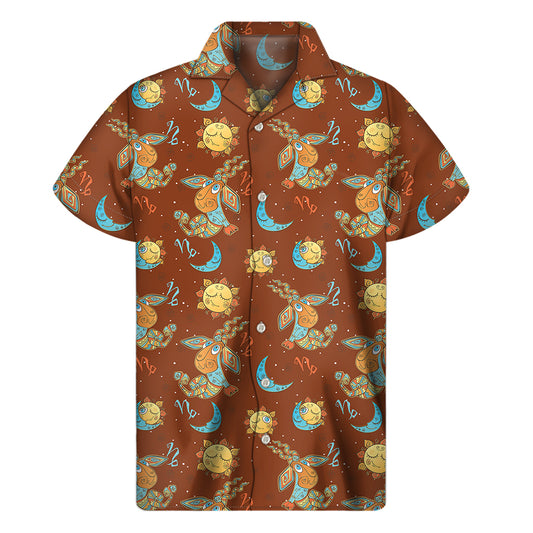 Cute Cartoon Capricorn Pattern Print Men's Short Sleeve Shirt