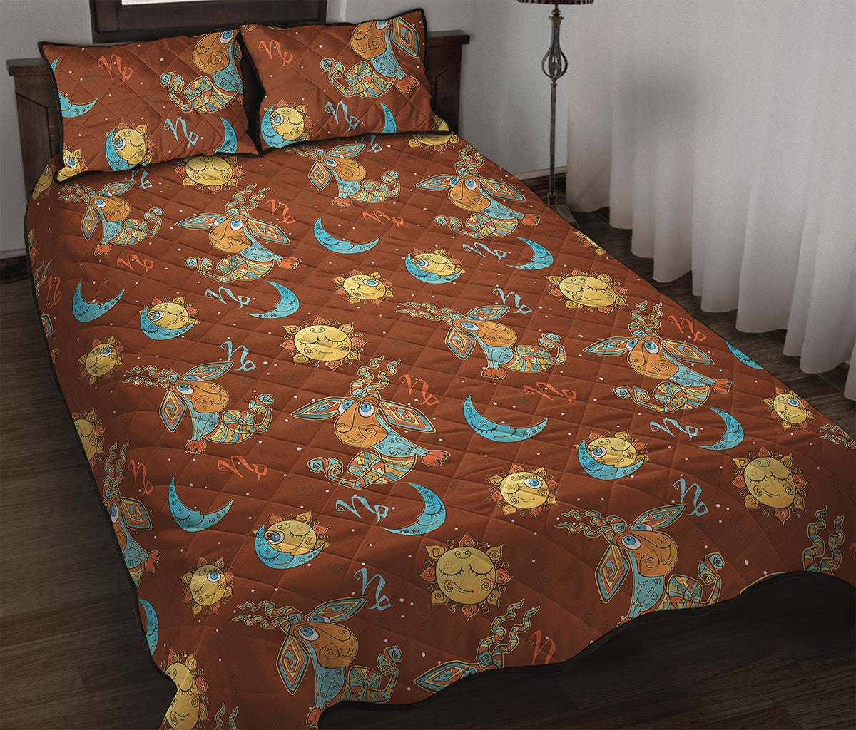 Cute Cartoon Capricorn Pattern Print Quilt Bed Set
