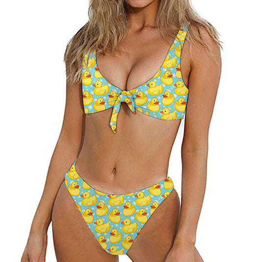 Cute Cartoon Duck Pattern Print Front Bow Tie Bikini