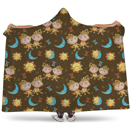 Cute Cartoon Gemini Pattern Print Hooded Blanket