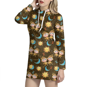 Cute Cartoon Gemini Pattern Print Hoodie Dress