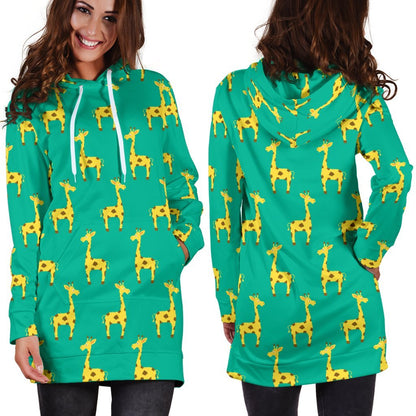 Cute Cartoon Giraffe Pattern Print Hoodie Dress GearFrost