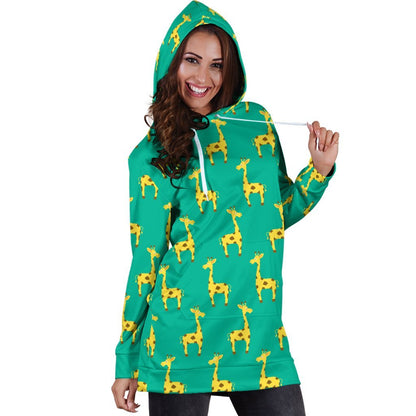 Cute Cartoon Giraffe Pattern Print Hoodie Dress GearFrost