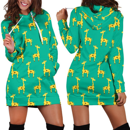 Cute Cartoon Giraffe Pattern Print Hoodie Dress GearFrost
