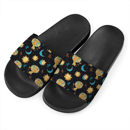 Cute Cartoon Leo Pattern Print Black Slide Sandals