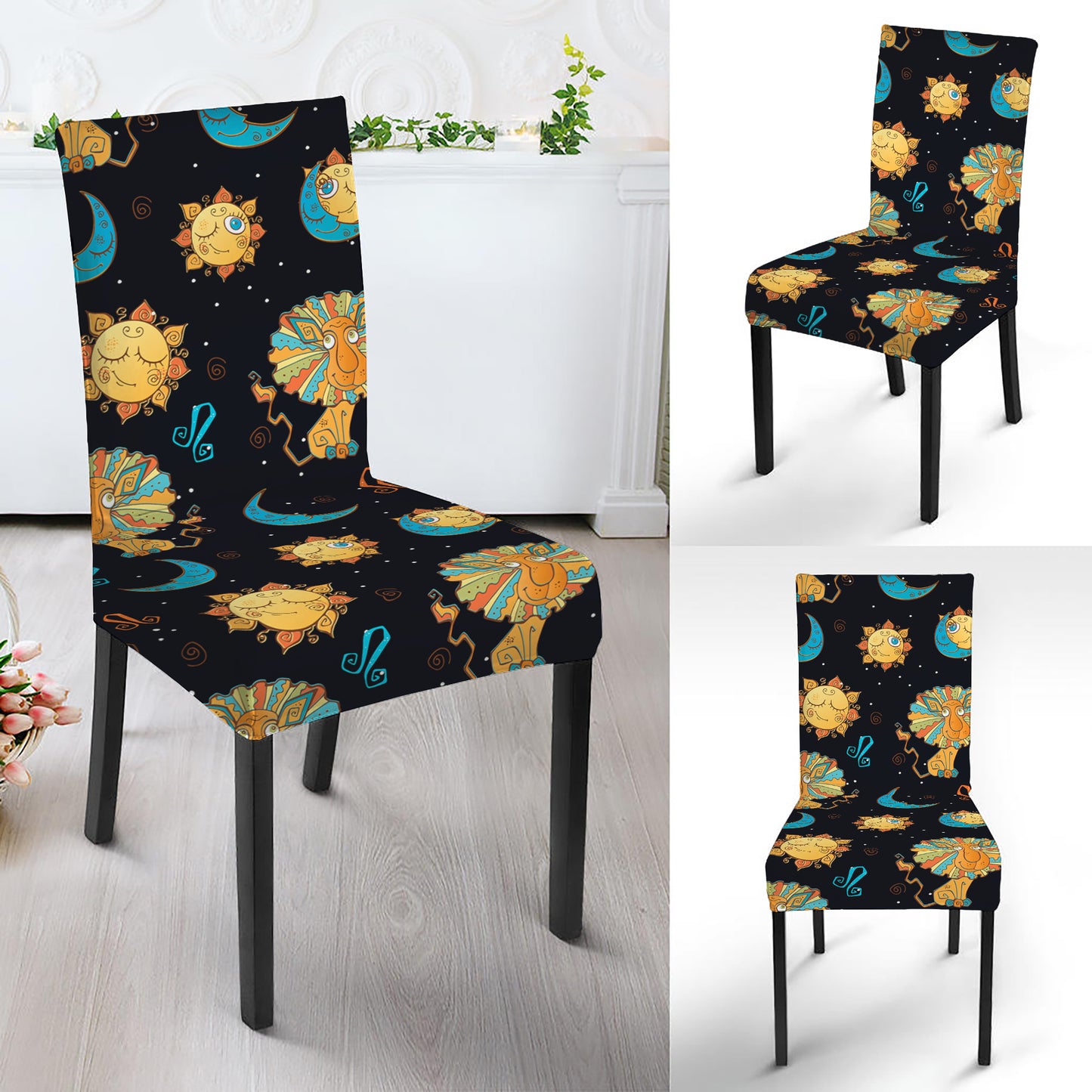 Cute Cartoon Leo Pattern Print Dining Chair Slipcover