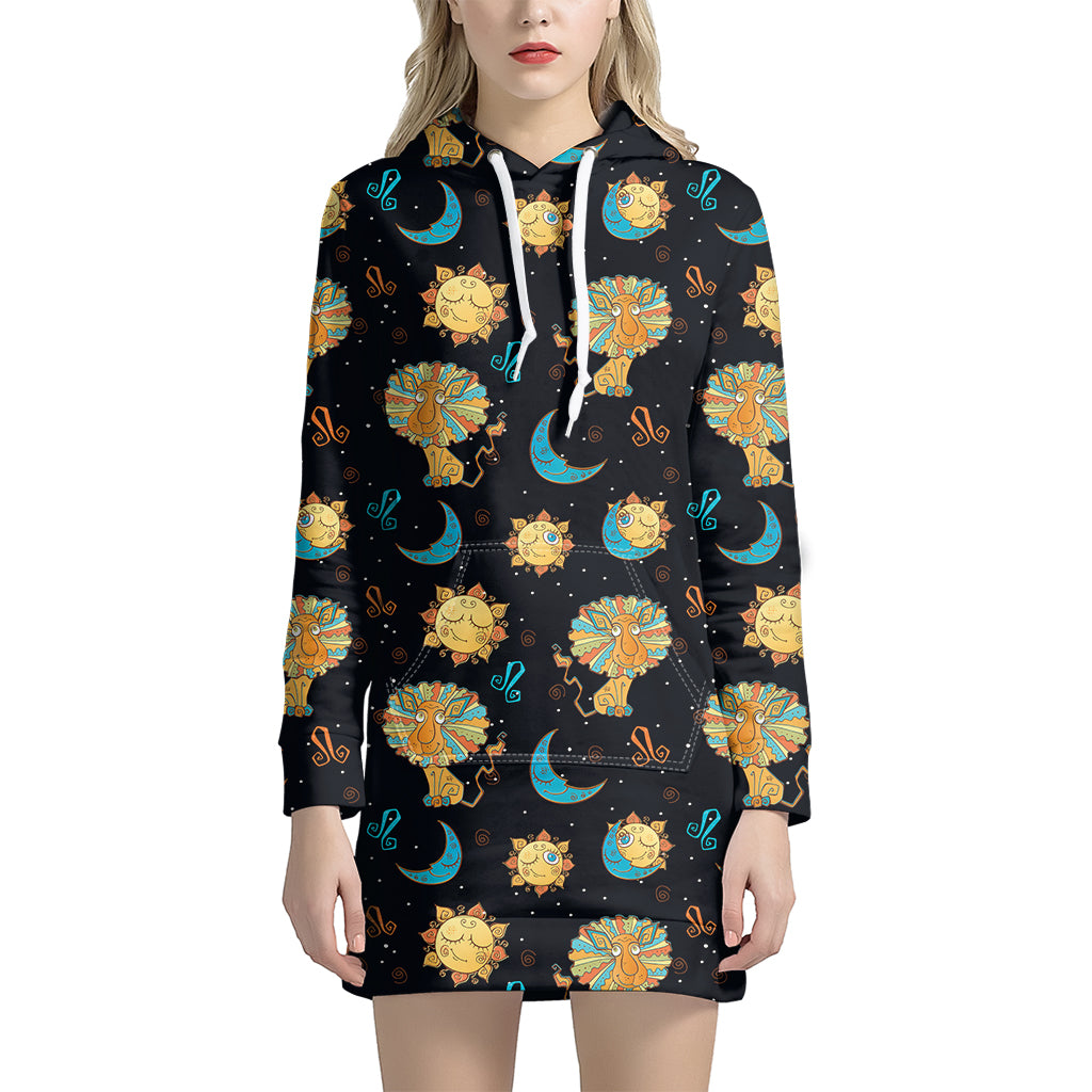 Cute Cartoon Leo Pattern Print Hoodie Dress