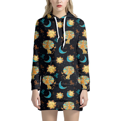 Cute Cartoon Leo Pattern Print Hoodie Dress