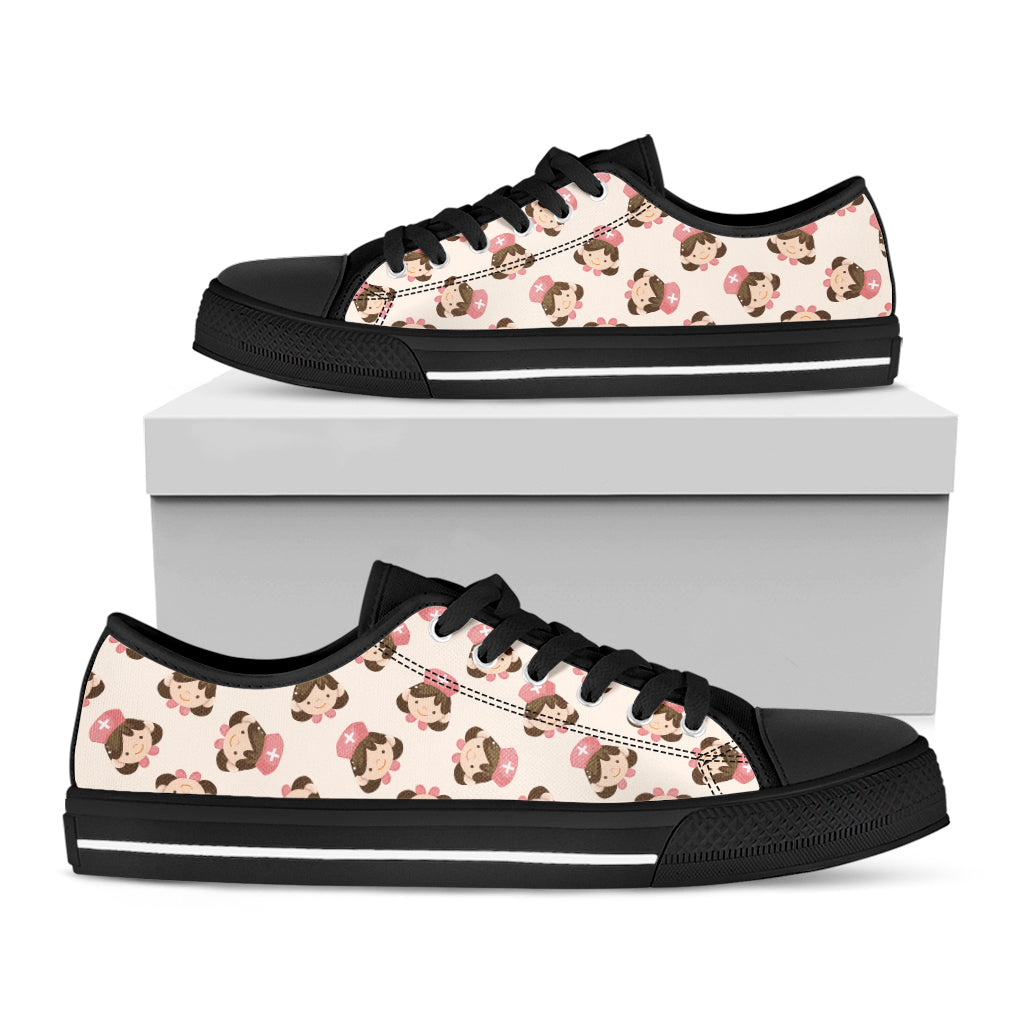 Cute Cartoon Nurse Pattern Print Black Low Top Shoes