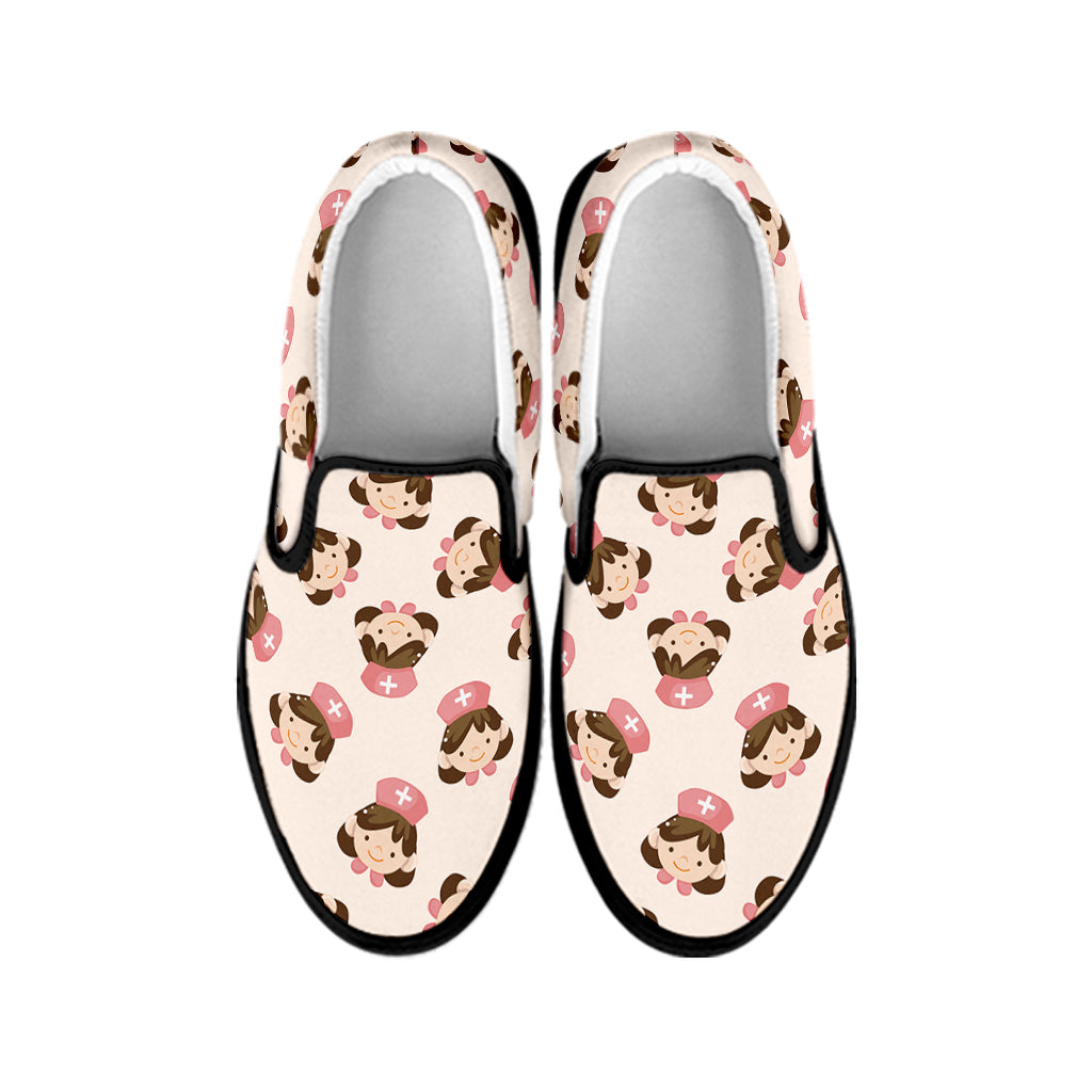 Cute Cartoon Nurse Pattern Print Black Slip On Shoes