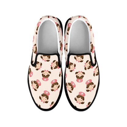 Cute Cartoon Nurse Pattern Print Black Slip On Shoes