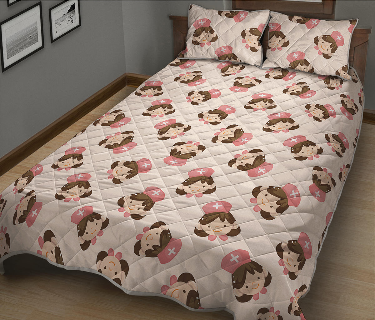 Cute Cartoon Nurse Pattern Print Quilt Bed Set