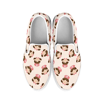 Cute Cartoon Nurse Pattern Print White Slip On Shoes