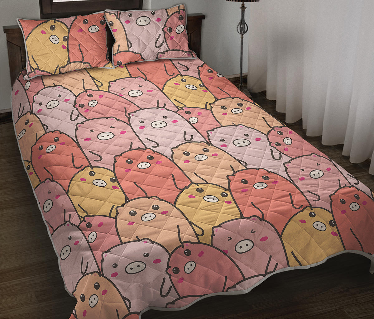Cute Cartoon Pig Pattern Print Quilt Bed Set