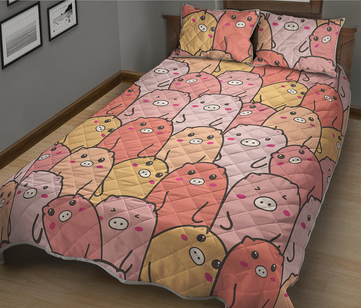 Cute Cartoon Pig Pattern Print Quilt Bed Set