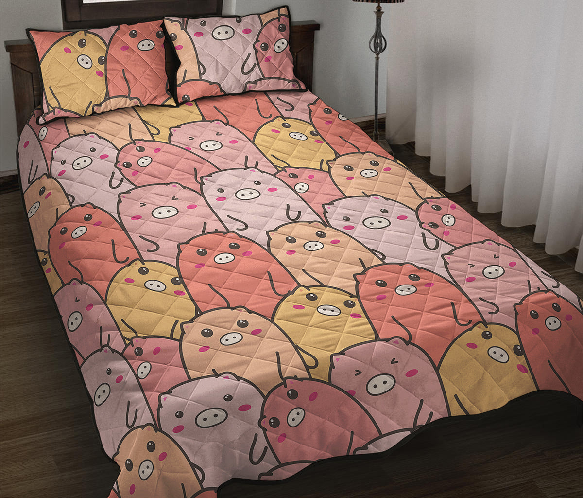 Cute Cartoon Pig Pattern Print Quilt Bed Set